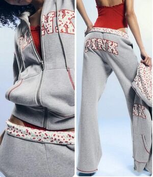 VS PINK x FRANKIES BIKINIS GREY BERRY FULL ZIP HOODIE & SWEATPANTS XS-XL & SHORT